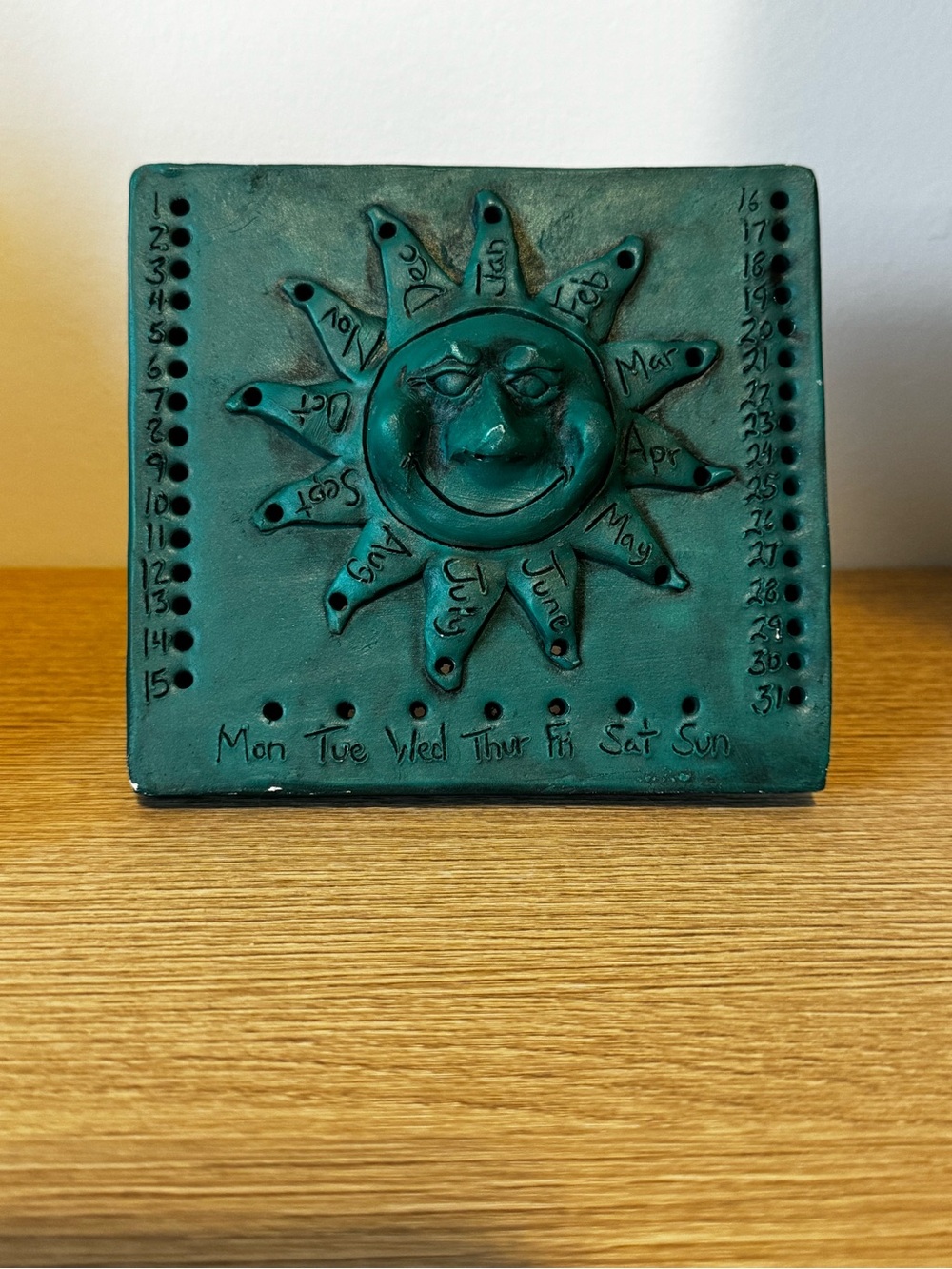 Handcrafted Teal Sun Perpetual Calendar - Home Art